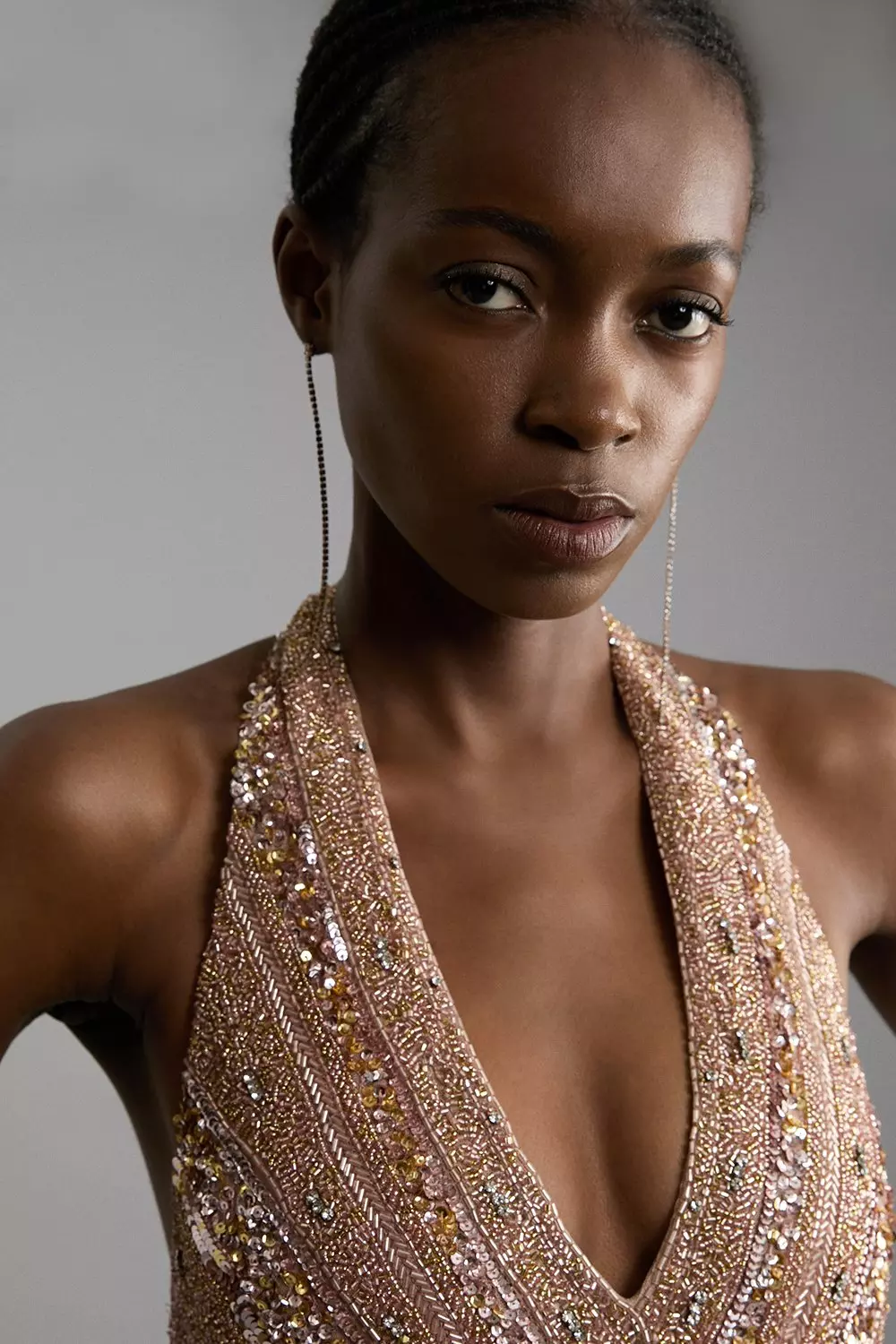 Petite Metallic Embellished And Beaded Halter Maxi Dress